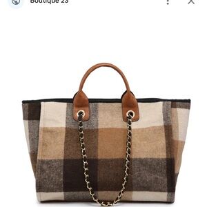 Jen & Co Kristina Satchel Tote Bag BrownTaupe Plaid Fabric Chain Strap Vintage